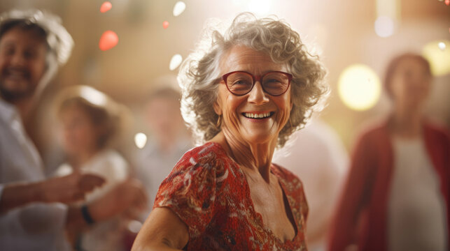 A senior lady jitterbugging at a lively dance event