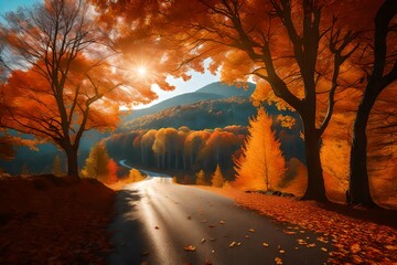 Picturesque natural autumn landscape with sun