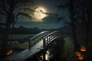 Halloween night with full moon in Ireland on a bridge in a marshy forest with faerie, bridge