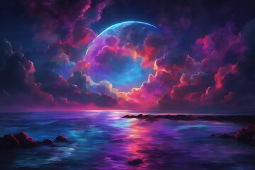 neon light art, in the dark of night, moonlit seas, clouds, moon, stars, colorful, detailed, dark