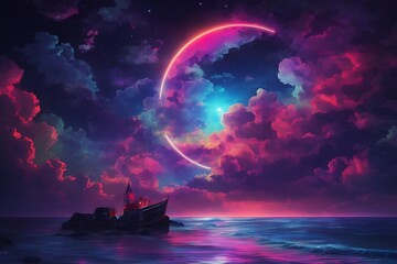 neon light art, in the dark of night, moonlit seas, clouds, moon, stars, colorful, detailed, beautiful