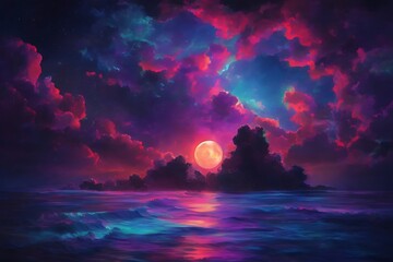 neon light art, in the dark of night, moonlit seas, clouds, moon, stars, colorful, detailed, red