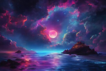 neon light art, in the dark of night, moonlit seas, clouds, moon, stars, colorful, detailed, cloud