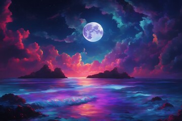 neon light art, in the dark of night, moonlit seas, clouds, moon, stars, colorful, detailed, moon