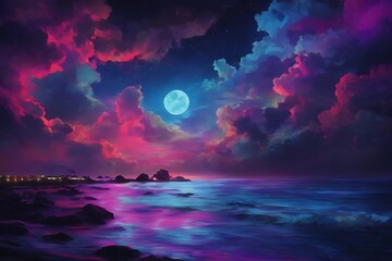 neon light art, in the dark of night, moonlit seas, clouds, moon, stars, colorful, detailed, ocean