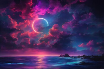 neon light art, in the dark of night, moonlit seas, clouds, moon, stars, colorful, detailed, night