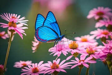 Beautiful blue butterfly on a pink flower in nature, close-up macro