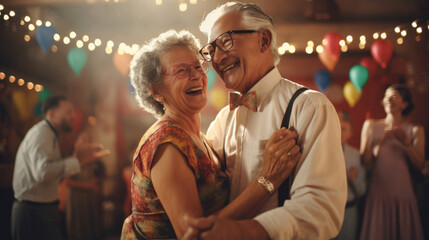 A senior couple swing dancing at a retro-themed party