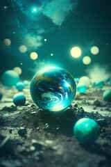 retro style theme, Explode planets by Me, bokeh, photo, 8k, dark, dynamic action, pale washed out style, shot on cyanotype, cracked lens, dreamy nostalgic, soft focus, ball