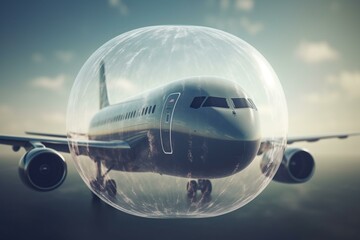 Airplane encased in protective bubble, depicting a flight bubble concept. Created through 3D rendering. Generative AI