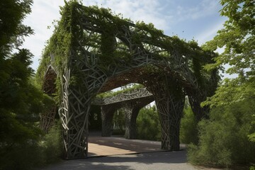 A structure with a link and foliage before it. Generative AI