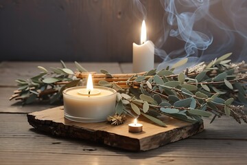 Transport yourself to a serene and mystical scene with this AI-generated image of palo santo wood and raw sage delicately placed on a weathered wooden table, smoke