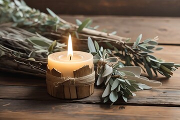 Transport yourself to a serene and mystical scene with this AI-generated image of palo santo wood and raw sage delicately placed on a weathered wooden table, towel