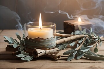 Transport yourself to a serene and mystical scene with this AI-generated image of palo santo wood and raw sage delicately placed on a weathered wooden table, beauty