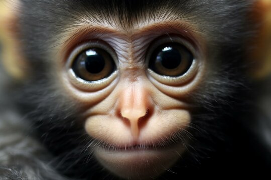 A curious-faced baby monkey looks directly at the camera. Generative AI