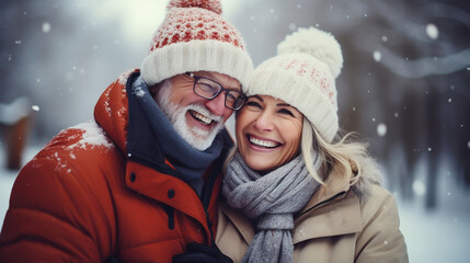 Fototapeta na wymiar Winter Wonderland, Joyful Senior Couple Embracing the Snow