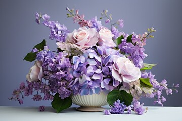 Wedding flowers arrangement with lilac hydrangea and leaves. Generative AI