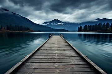 Peaceful waterfront scene: dock and mountain panorama in perfect harmony. Generative AI