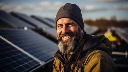 Obraz premium Solar panels, laughing man