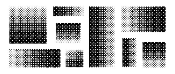 Pixelated gradient set. Dither element collection. Dissolving halftone square and rectangular shapes. Black and white disintegration dispersion or destruction effect. Dotted pattern texture. Vector 