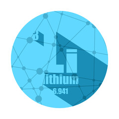 Lithium chemical element. Sign with atomic number and atomic weight with long shadows. Chemical element of periodic table. Molecule and communication background. Connected lines with dots.