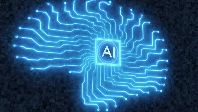 Animation of Artificial intelligence AI concept, electronic brain powered by processor. Integrated circuits come to life after impulse electric beam passes through them