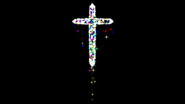 Christmas cross symbol with colorful glitter sparkles and falling stars on plain black background