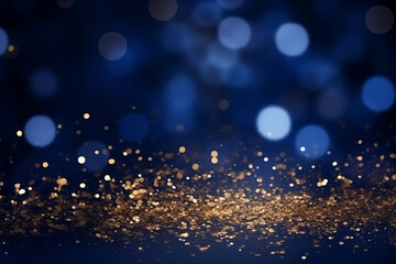 Background of abstract defocused gold glitter lights and confetti on blue background with bokeh. Generative AI