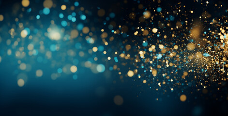 Background of abstract defocused gold glitter lights and confetti on blue background with bokeh. Generative AI