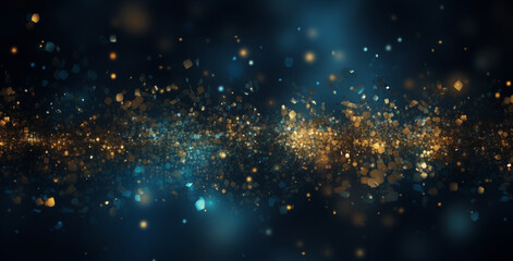 Fototapeta na wymiar Background of abstract defocused gold glitter lights and confetti on blue background with bokeh. Generative AI
