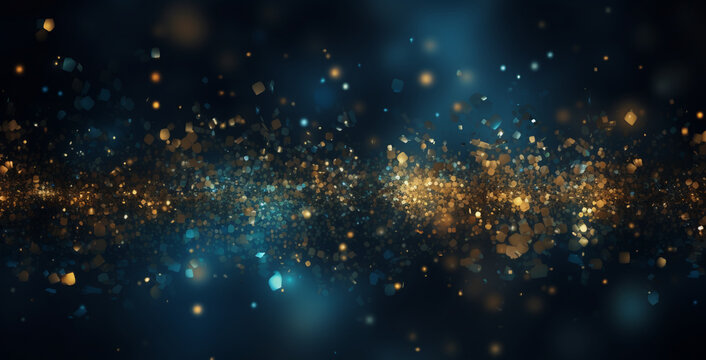 Background of abstract defocused gold glitter lights and confetti on blue background with bokeh. Generative AI