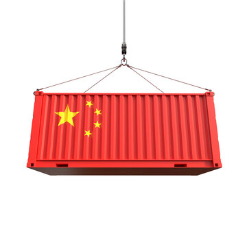 Shipping container with China flag on transparent background, PNG file