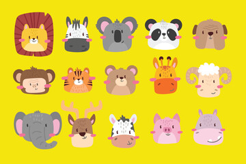 Big animal set. Cute faces. Hand drawn characters. Vector illustration.