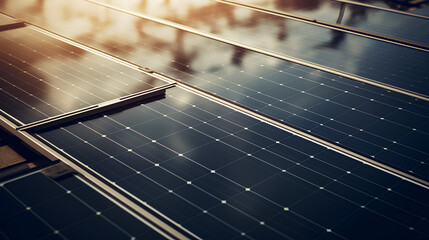 Blue photovoltaic solar panels mounted to produce clean green electricity. Renewable energy production concept.