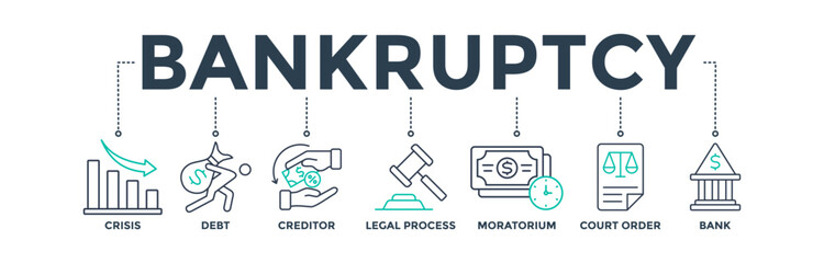 Bankruptcy banner web icon vector illustration concept with icons of crisis, debt, creditor, legal process, moratorium, court order, and bank - obrazy, fototapety, plakaty