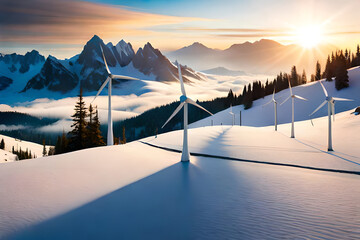 ReneGreen energy concept. wable energy wind turbines on the mountain