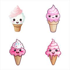 set of happy cute ice cream watercolor illustrations for printing on baby clothes, pattern, sticker, postcards, print, fabric, and books