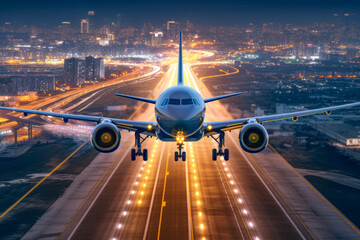 Close up of airplane land on runway in background of night cityscape. Travel concept of vacation and holiday. - obrazy, fototapety, plakaty