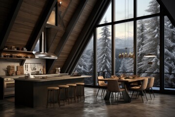 Sustainable Wood-Clad Alpine Kitchen: Illuminated Marble Island, Bar Stools, and Panoramic Views of Snowy Pine Forest