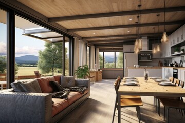 Fototapeta premium Container Home Scenic Countryside Retreat: Open-Concept Living Area with Expansive Glass Windows, Overlooking Lush Meadows and Distant Mountains
