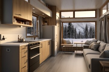 Tiny Home Cozy Rustic Ambience: Small Living Room with Elegant Wooden Features, Plush Sofas, and Stylish Pendant Lighting Over Kitchen Island, in Winter - obrazy, fototapety, plakaty