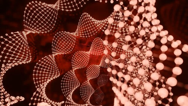 Animation of dna strand spinning over dark red light trails. Design. Science and research concept.