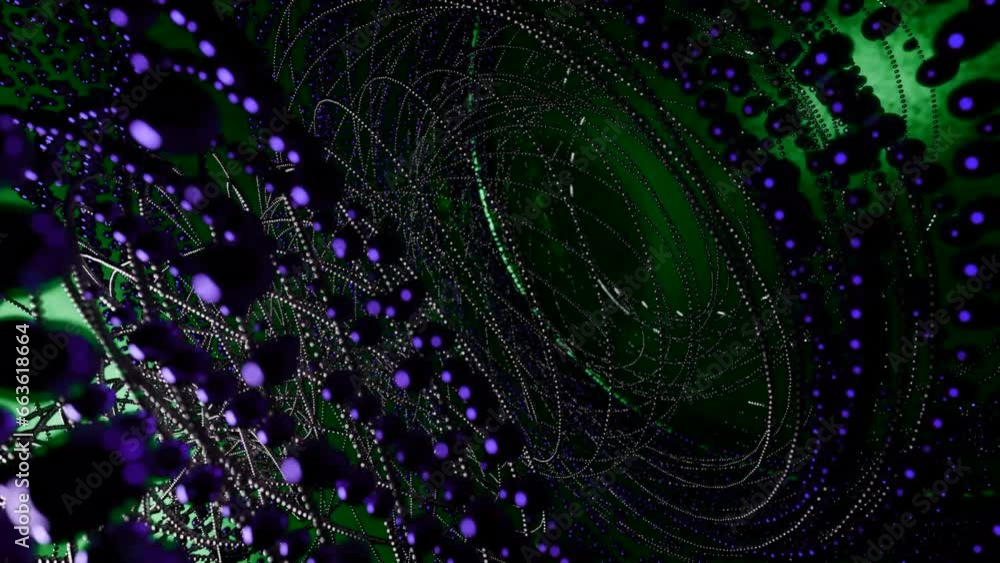 Poster abstract animated tangled lines and small spheres. design. rotating complex structure.