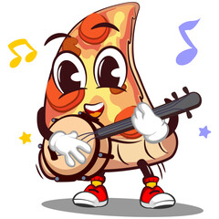 Cute slice of pizza character with funny face mascot playing banjo musical instrument, isolated cartoon vector illustration. Cute slice of pizza mascot, emoticon