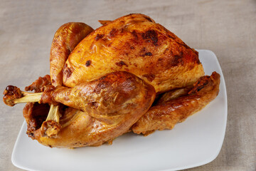 Delicious baked turkey on dinner plate for Thanksgiving Day.