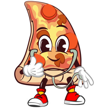 Cute slice of pizza character with funny face mascot being a doctor with stethoscope, isolated cartoon vector illustration. Cute slice of pizza mascot, emoticon