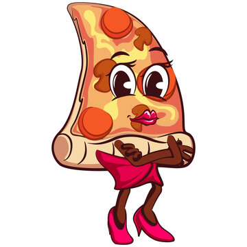 Cute slice of pizza character with cute face mascot being beautiful and sexy woman, isolated cartoon vector illustration. Cute slice of pizza mascot, emoticon