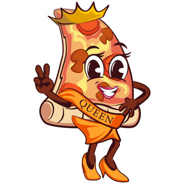 Cute slice of pizza character with cute face mascot becomes beauty queen wearing crown and shawl, isolated cartoon vector illustration. Cute slice of pizza mascot, emoticon