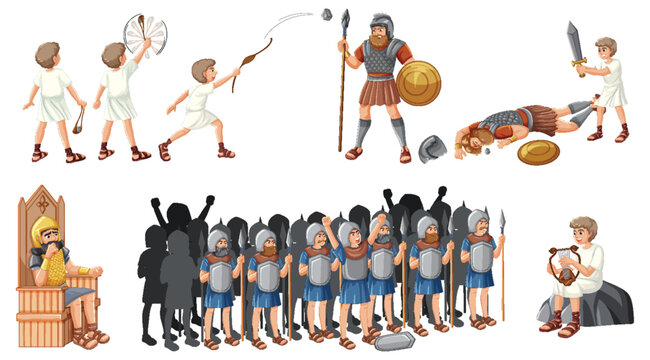 David and Goliath: Cartoon Illustration of Bible Story