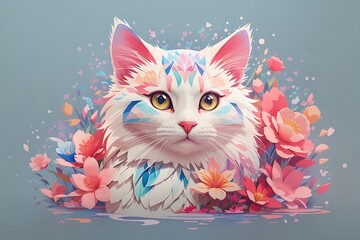 A detailed illustration of a print of a colorful adorable cat, fantasy flowers splash, cute